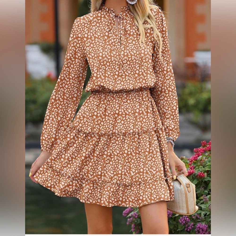 Chic Long Sleeve Brown Patterned Dress